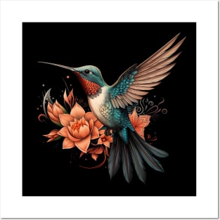 Colorful Hummingbird & Flower Illustration Posters and Art